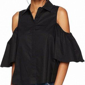Cute Black Cold Shoulder Button Down Blouse XL